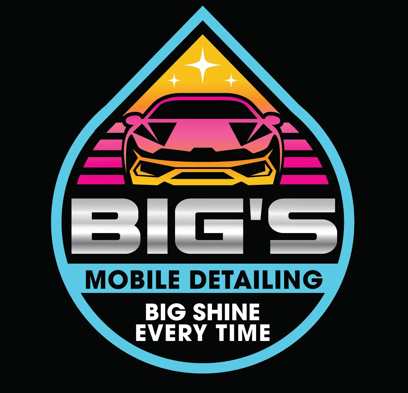Big's Mobile Detailing logo with a pink and yellow sports car inside a blue water droplet.